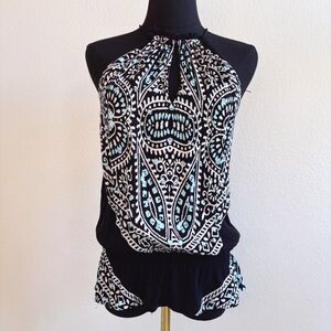 Ella Moss Black Boho Blouse SMALL Keyhole Tank Top Blue White Print‎ rayon